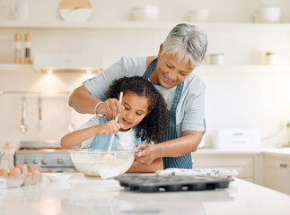 Bake, girl and grandmother teaching skills, love or learning with growth, happiness or child...