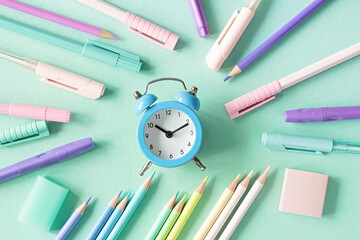 Back to school, education and work concept. Stationery for learning (study) on mint background....