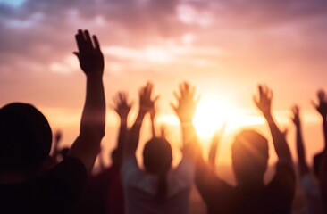 Worship and praise concept: christian people hand rising on sunset background, Generative AI - obrazy, fototapety, plakaty