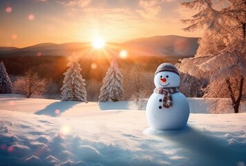 Fototapeta premium Snowman in the snow, in front of glowing lights and defocussed in the background. Christmas Concept. Generative AI