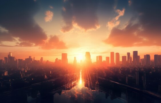 World Cities Day concept: Abstract  city sunset background, Generative AI