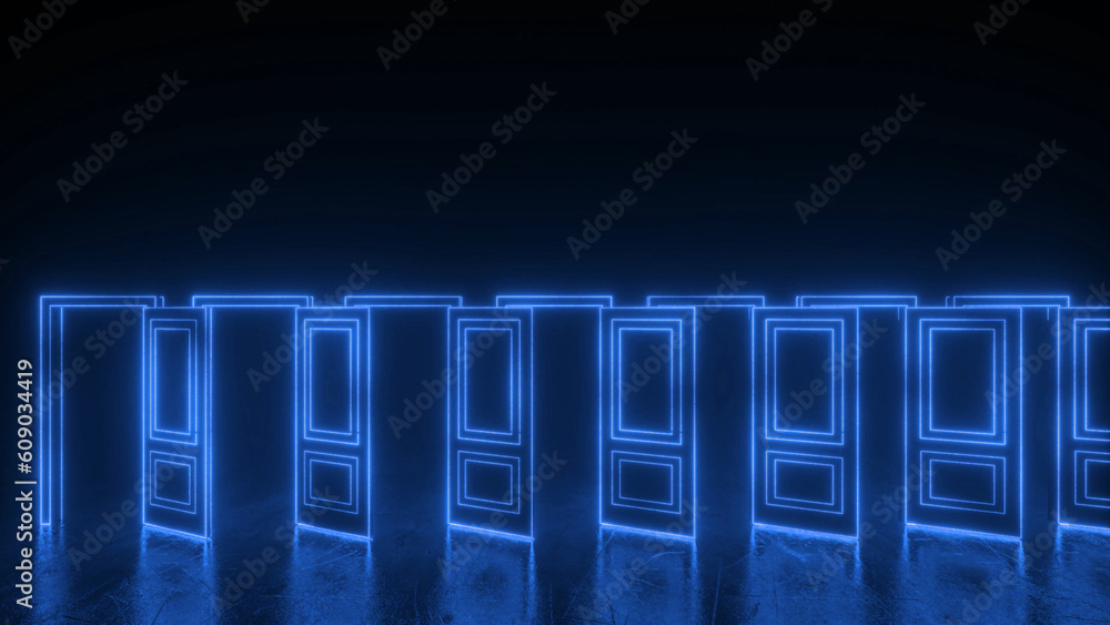 Poster seven abstract blue open doors with glowing lines. cyberpunk neon door background concept. glowing n