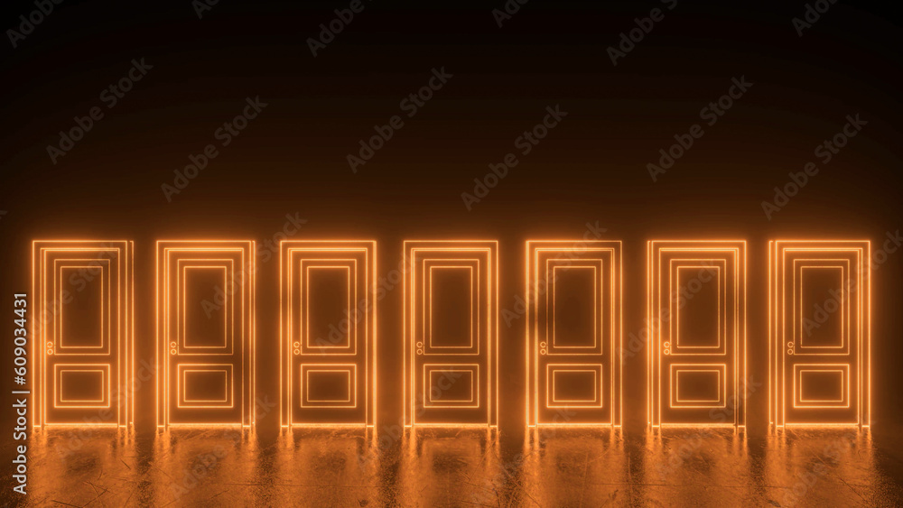 Poster seven abstract orange open doors with glowing lines. cyberpunk neon door background concept. glowing