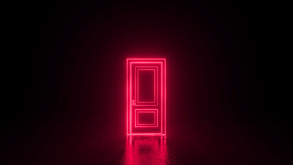 Red neon closed door with glowing lines. Cyberpunk neon door background concept. Glowing neon frame. Modern 3d graphic concept. 3D rendering