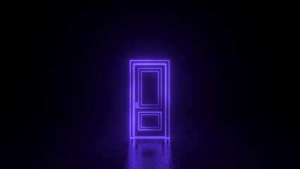 Purple neon closed door with glowing lines. Cyberpunk neon door background concept. Glowing neon frame. Modern 3d graphic concept. 3D rendering