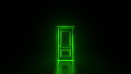Green neon closed door with glowing lines. Cyberpunk neon door background concept. Glowing neon frame. Modern 3d graphic concept. 3D rendering