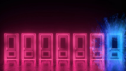A row of seven pink doors and one blue with a flash. Choice concept. Cyberpunk neon door background concept. Glowing neon frame. Modern 3d graphic concept. 3D rendering