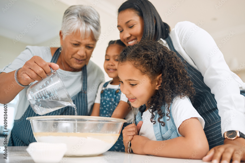 Canvas Prints Grandmother, mom or children in kitchen to bake as a happy family with siblings learning cookies recipe. Mixing cake, development or grandma smiling or teaching young kids baking by pouring water