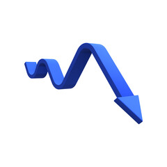 Blue wavy arrow pointing down. Isolated on a transparent background. 3d render