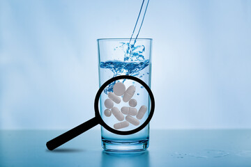 A magnifying glass with large white tablets in front of a glass of water. Concept: antibiotics in drinking water