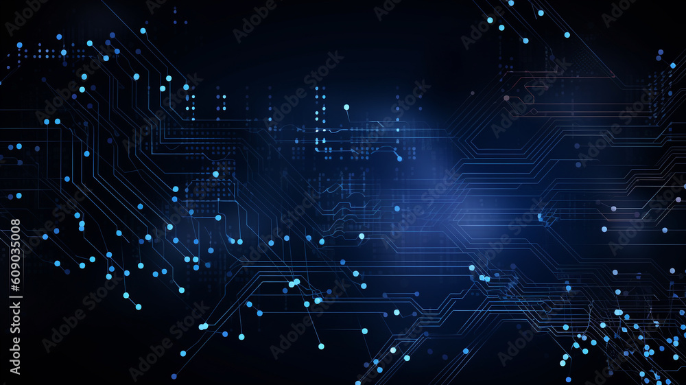 Wall mural Blue illuminated cyber circuit future technology concept background. Generative AI.