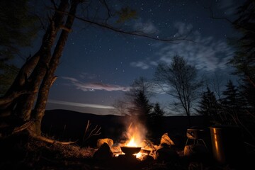 campfire cooking with a view of the stars, silhouetting the trees, created with generative ai