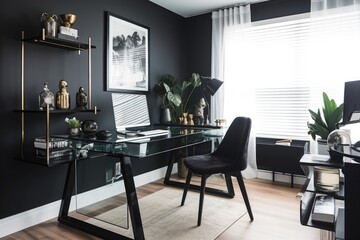 decluttered office with sleek black furniture, glass desk, and modern accessories, created with generative ai