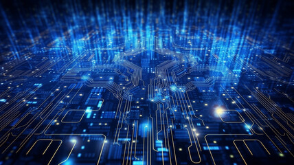 Blue illuminated cyber circuit future technology concept background. Generative AI.