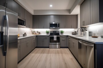 decluttered kitchen with sleek and modern appliances, sleek countertops, and ample storage, created with generative ai