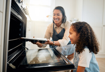 Mother, oven or child baking in kitchen as a happy family with young girl learning cookies recipe....