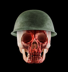Human skull in blood with military helmet isolated on black background