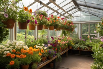 Fototapeta na wymiar greenhouse with hanging baskets filled with blooming flowers, created with generative ai