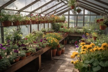 Fototapeta na wymiar greenhouse with hanging baskets of flowers and herbs, created with generative ai
