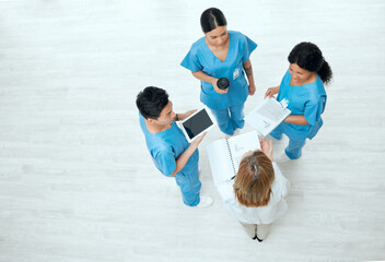 Teamwork, tablet or above of nurses in meeting planning a surgery strategy in collaboration...