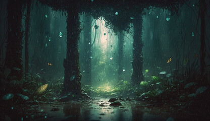 Fototapeta premium forest glade where it rains, illustration, Generative AI