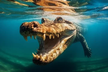 Schilderijen op glas Saltwater amercan crocodile closeup underwater shot. Generative AI © NishanPrabodhana