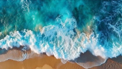 Turquoise ocean water background. View from above to the waves of the ocean. Generative AI - Powered by Adobe