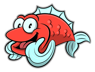 Cartoon illustration of Funny Red Fish with thumbs up gesture. Best for sticker, logo, and Mascot for sea food restaurant
