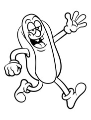 Funny Hotdog cartoon character walking and greeting. Best for outline, logo, and coloring book with fast food themes for kids