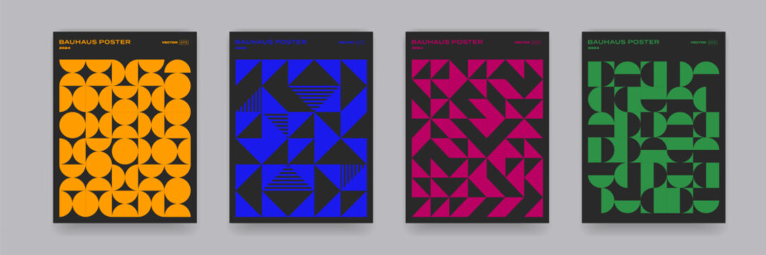 Geometric pattern background, vector abstract circle, triangle and square lines art. Yellow, blue, red and green color, trendy pattern backgrounds set