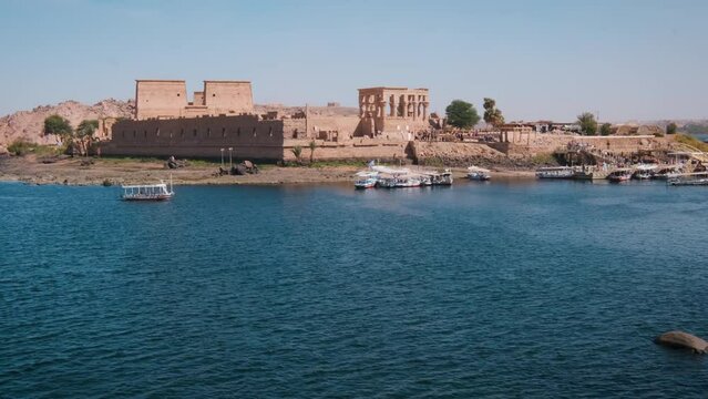 Philae temple complex ,an island-based temple complex in the reservoir of the Aswan Low Dam, downstream of the Aswan Dam and Lake Nasser, Egypt. External daylight shot