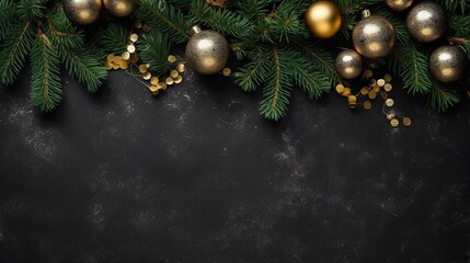 Christmas Decoration With Fir Branches and baubles On a Dark Background, Generative Ai
