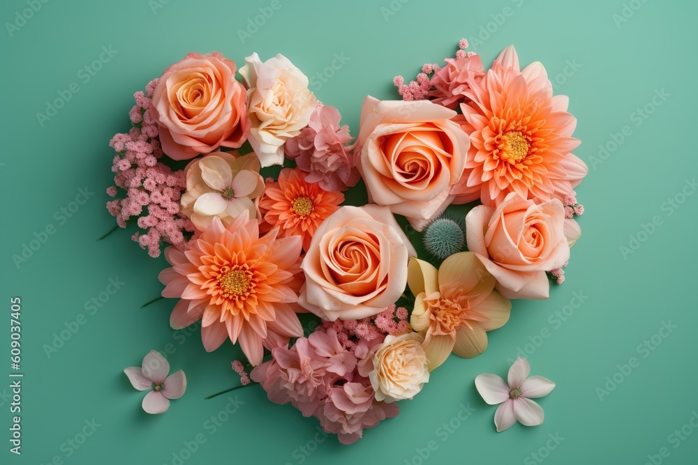 Poster a floral arrangement in the form of a heart with greenery serving as the backdrop. generative ai