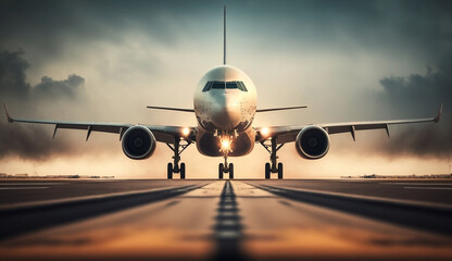 Fototapeta na wymiar airplane taking off on airport runway, illustration, Generative AI