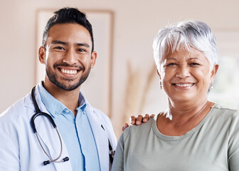 Portrait, happy doctor and senior woman for healthcare, retirement wellness and hospital service. Smile, face and Biracial elderly patient with medical professional, worker or asian person for health