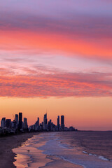 Colourful sunset skies over Surfers Paradise, view from Miami Hill. Gold Coast, Australia.