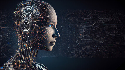 The face of a humanoid robot on an isolated background and close-up. Generative AI