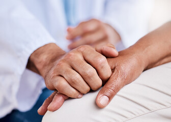 Hand holding, support and doctor, patient or people for healthcare advice, sad news or mental...
