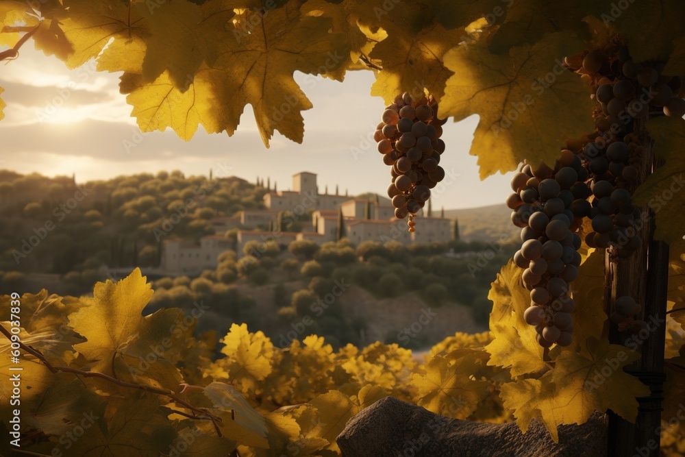 Poster a cluster of grapes dangling from the branches of a tree generative ai