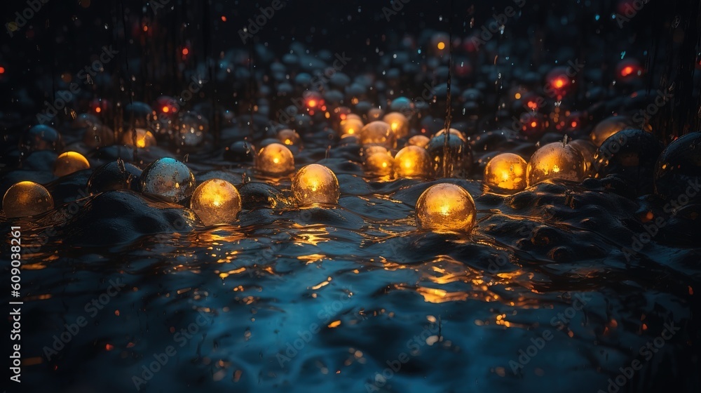 Poster a slew of illuminated objects that are submerged in the water generative ai