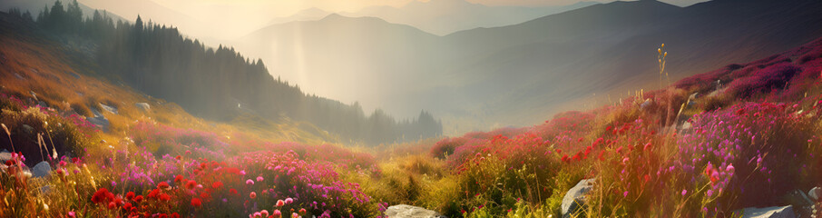 Fototapeta na wymiar Bright wildflowers against the background of mountains in the sun. Generate Ai Generative AI