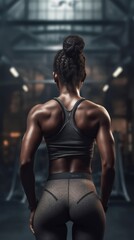 Fototapeta na wymiar African american woman working out in gym on gym background, copy space for text or design. Generative AI