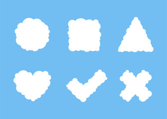 White cloud different shape set. Circle, square, triangle, heart, check and rejection form. Graphic element collection for web and print. Vector
