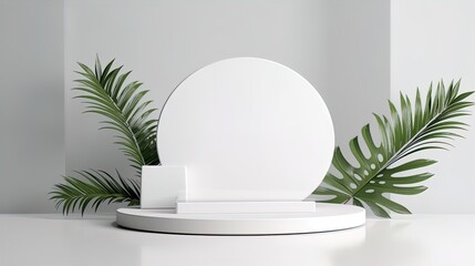 White backgrounds with palm leafs and white stone podium
