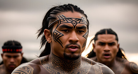 Portrait de Maoris tatoués de Nouvelle-Zélande.Spectacle de danse Haka,personne fictive créée avec l'IA générative. - obrazy, fototapety, plakaty