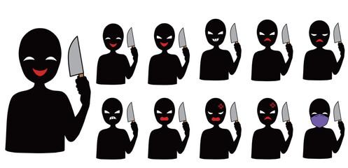 刃物を持った悪人イメージの黒いシルエットの人物のイラストセット