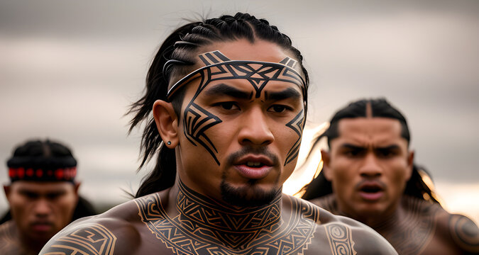 Portrait de Maoris tatou&eacute;s de Nouvelle-Z&eacute;lande.Spectacle de danse Haka,personne fictive cr&eacute;&eacute;e avec l'IA g&eacute;n&eacute;rative.