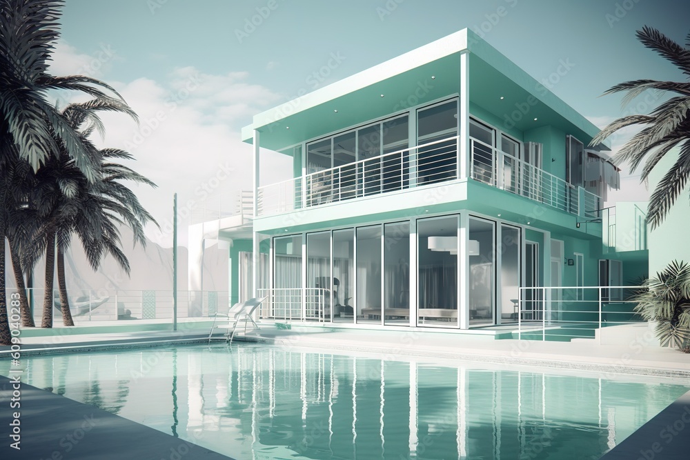 Aufkleber a cartoon depiction of a home complete with a swimming pool and palm trees generative ai