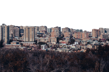 Cityscape in a day time view in full color isolated PNG photo with transparent background.