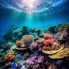 Fototapeta na wymiar Beneath the Waves: Captivating the Essence of a Thriving Coral Reef Filled with Diverse Marine Species, Generative AI